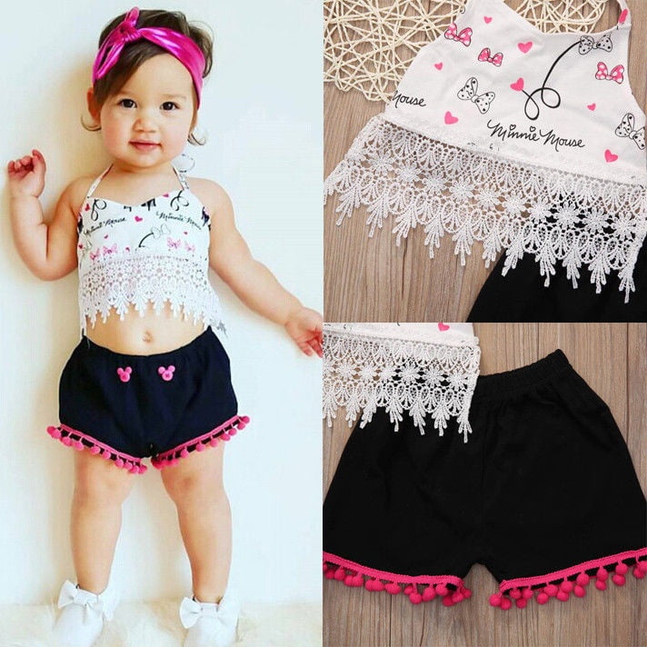 Fashion Kid Baby Girls Lace Flower Tops Dress Pants Shorts Outfits Clothes Canis