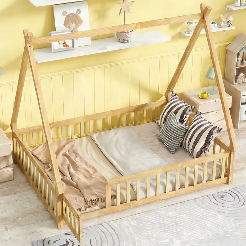 Full Size House Floor Bed, Wood Montessori Bed Frame with Fence Guardrails, House Beds Frame No Box Spring Needed（Full, Natural)