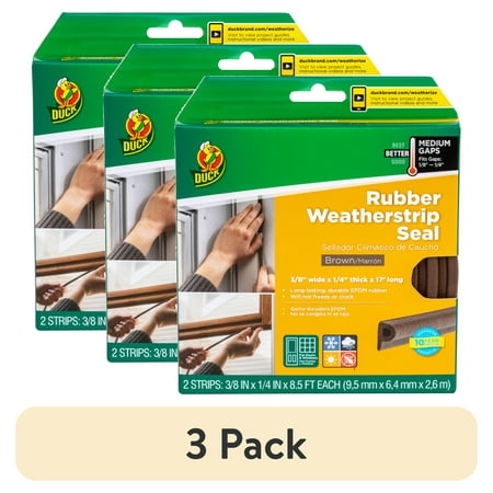 (3 pack) Duck Brand Heavy-Duty Rubber .38" x .25" x 17' Medium Gap Weatherstrip Seal Brown