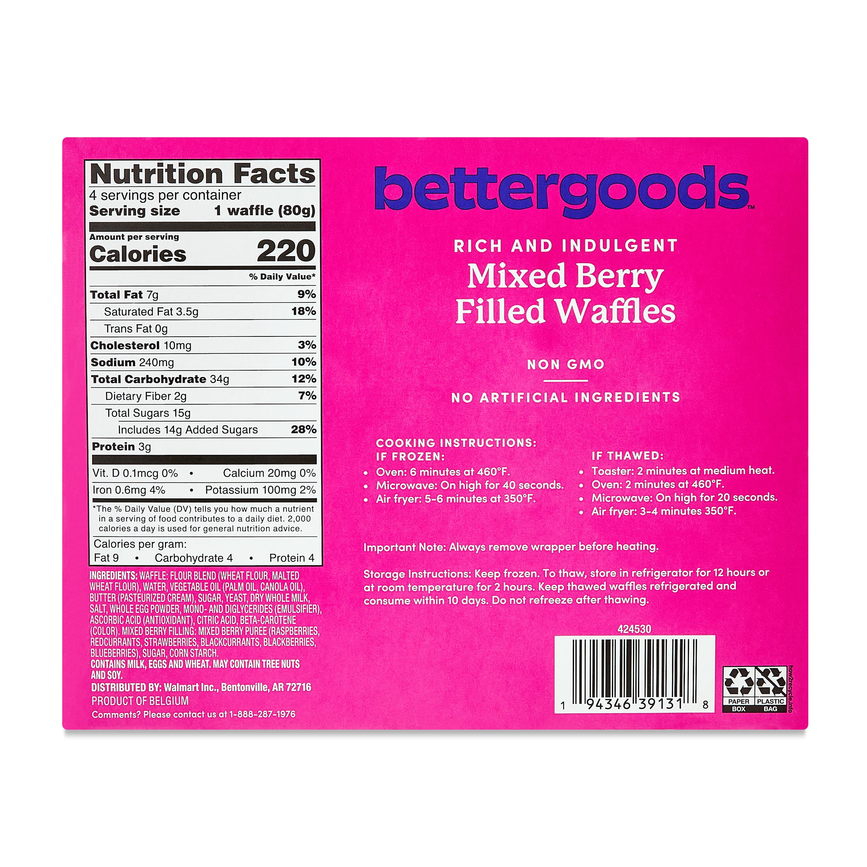 bettergoods Rich and Indulgent Mixed Berry Filled Waffles, 11.29 oz (Frozen)