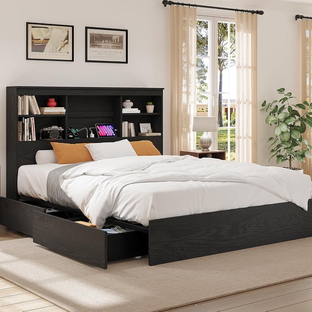 Full Size Bed Frame with High Storage Bookcase Headboard, Wood Bed Frame with 4 Storage Drawers, Built in Charging Station, No Box Spring Needed, Metal Frame, Noise-Free, Vintage Black