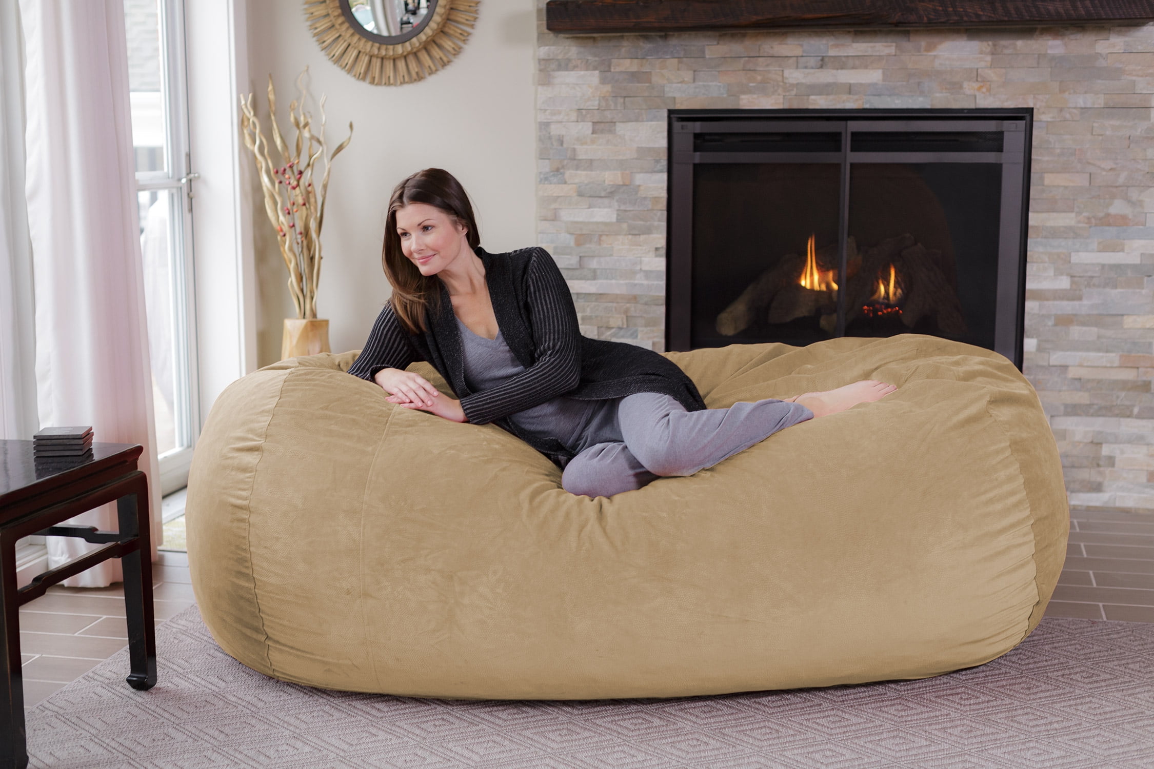 Chill Sack Bean Bag Chair, Memory Foam Lounger with Microsuede Cover, Kids, Adults, 7.5 ft, Tan Pebble