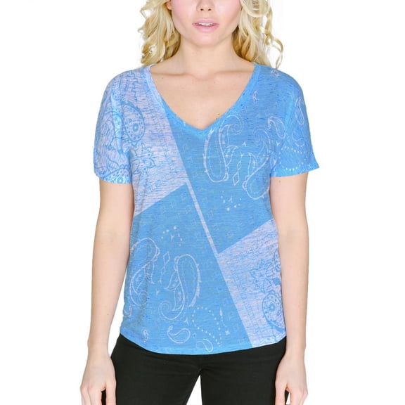 Blue Paisley Bandana Women's Slouchy V-Neck T Shirt Blue Marble LG