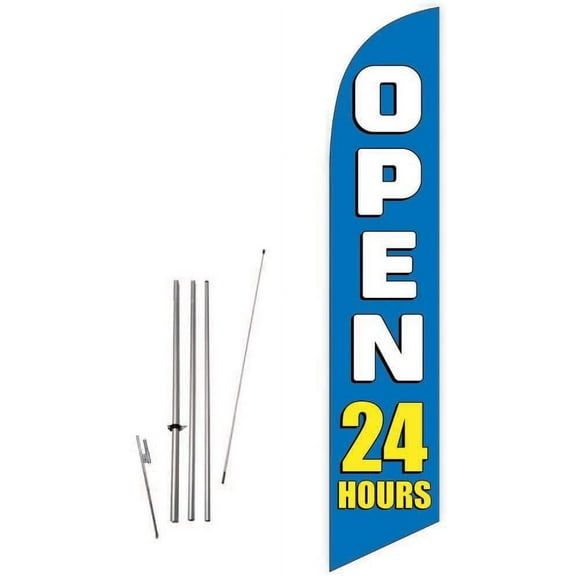 Cobb Promo Open 24 Hours Sky Blue Feather Flag with Complete 15ft Pole kit and Ground Spike