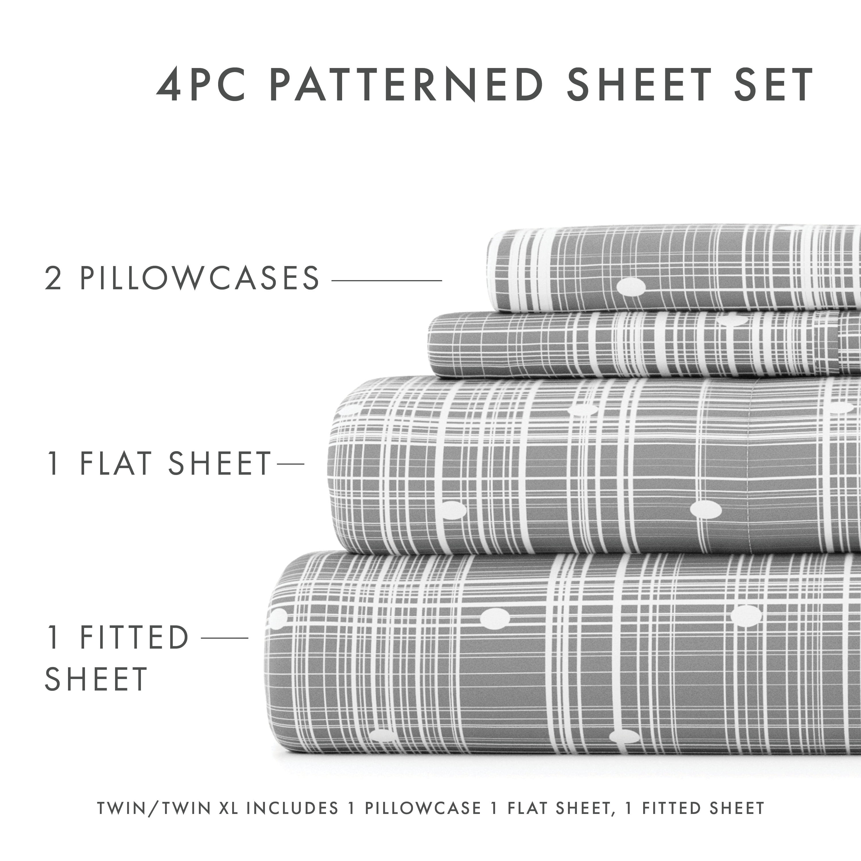 Noble Linens 4 Piece Pattern Microfiber Bed Sheets Set, Gray Polka Dot,King