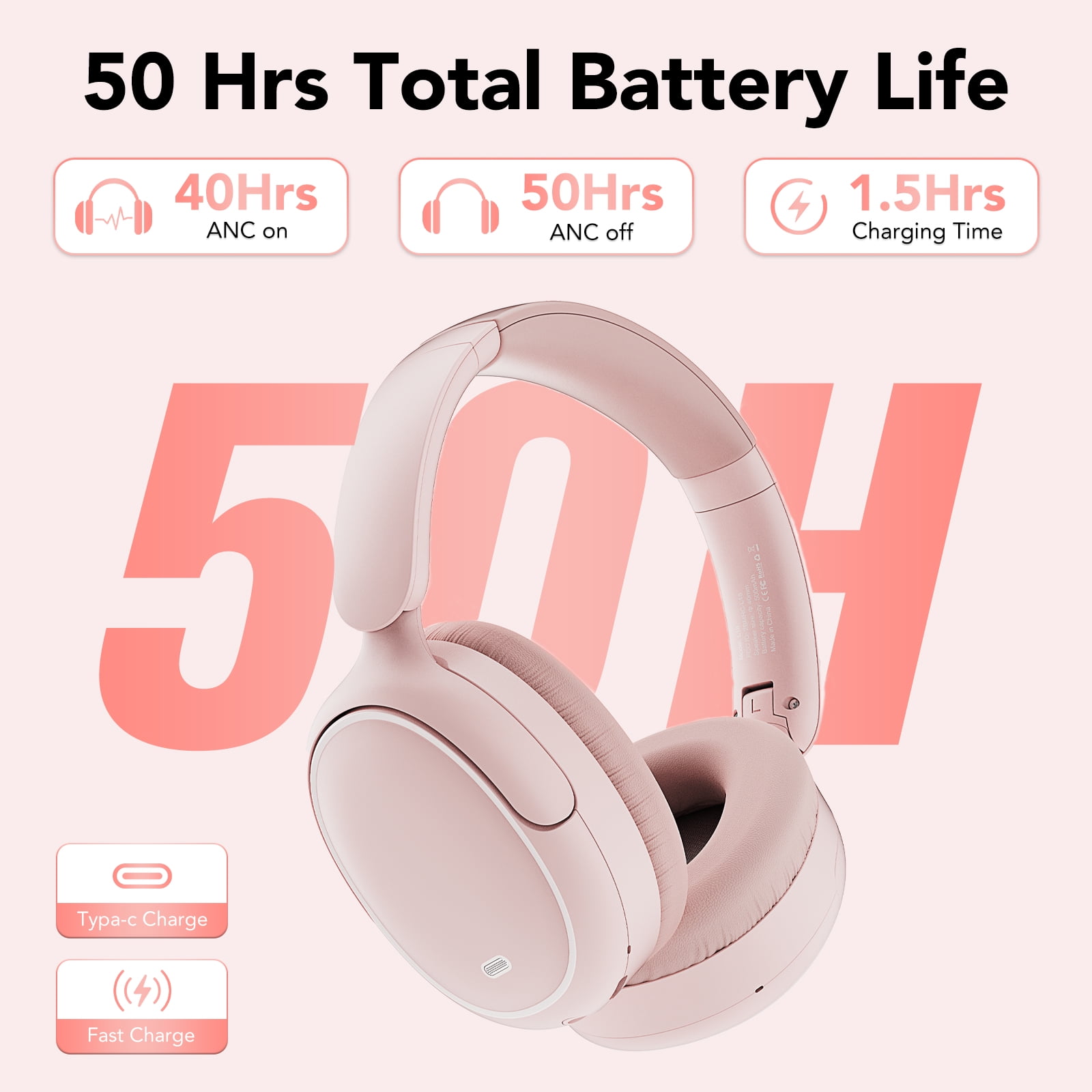 Hybrid Active Noise Cancelling -45dB, Bluetooth Headphones 5.4, 50H Playtime Earbuds, Clear Call with 4 Mics, Bass Boosted by 90%, Comfort Fit Over Ear Headphones for Travel Home Office PC Pink