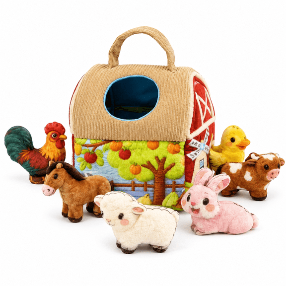 Blublu Park Baby Toys 6-12 Months, Farm Animal Plush Montessori Sensory Toy with 6 Stuffed Animals, Fill and Dump Baby Toy with Carry Handle
