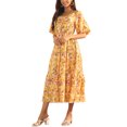 thumbnail image 4 of INSPIRE CHIC Women's Summer Casual Flowy Beach Square Neck Puff Short Sleeve Smocked Back Boho Floral Maxi Dress Yellow S, 4 of 5