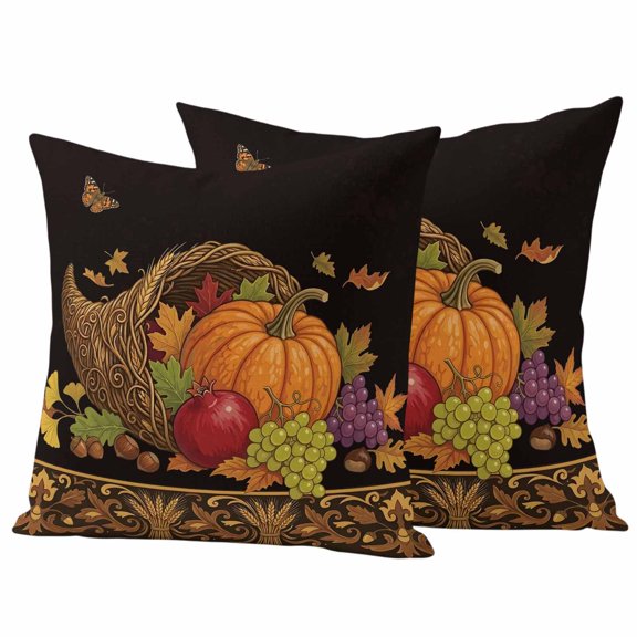 Harvest Pumpkins Fall Outdoor Waterproof Pillow Covers, Maple Leaf Thanksgiving Black Decorative Square Throw Pillowcase Sofa Cushion Sham for Patio/Couch/Chair, 20"x20" 2 Pack