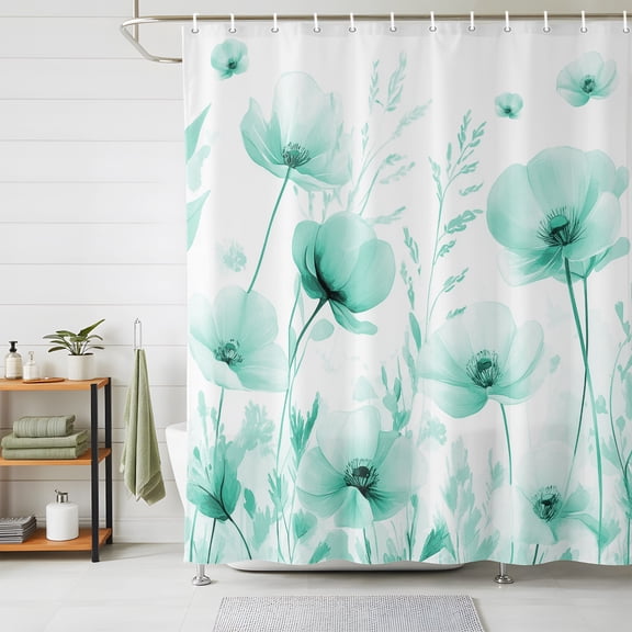 Shower Curtains for Bathroom, Teal Spring Floral Waterproof Fabric Shower Curtain, Summer Botanical Watercolor Vintage Decorative Bathroom Curtain for Bathtub, 66"x72", No Hooks Included