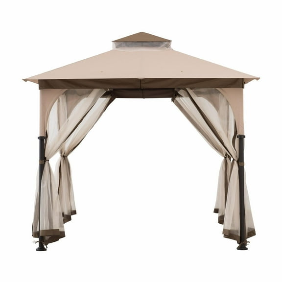 Sunjoy 9.5 ft. x 9.5 ft. Gazebo with 2-Tier Canopy Roof, Steel Frame Soft top Gazebo with Ceiling Hook and Mosquito Netting, Tan and Brown