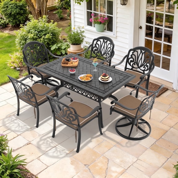 Hzzkey 7-Piece 59.06" L Rectangular Outdoor Dining Set with 2 Swivel 4 Stackable Chairs, Brown Cushions