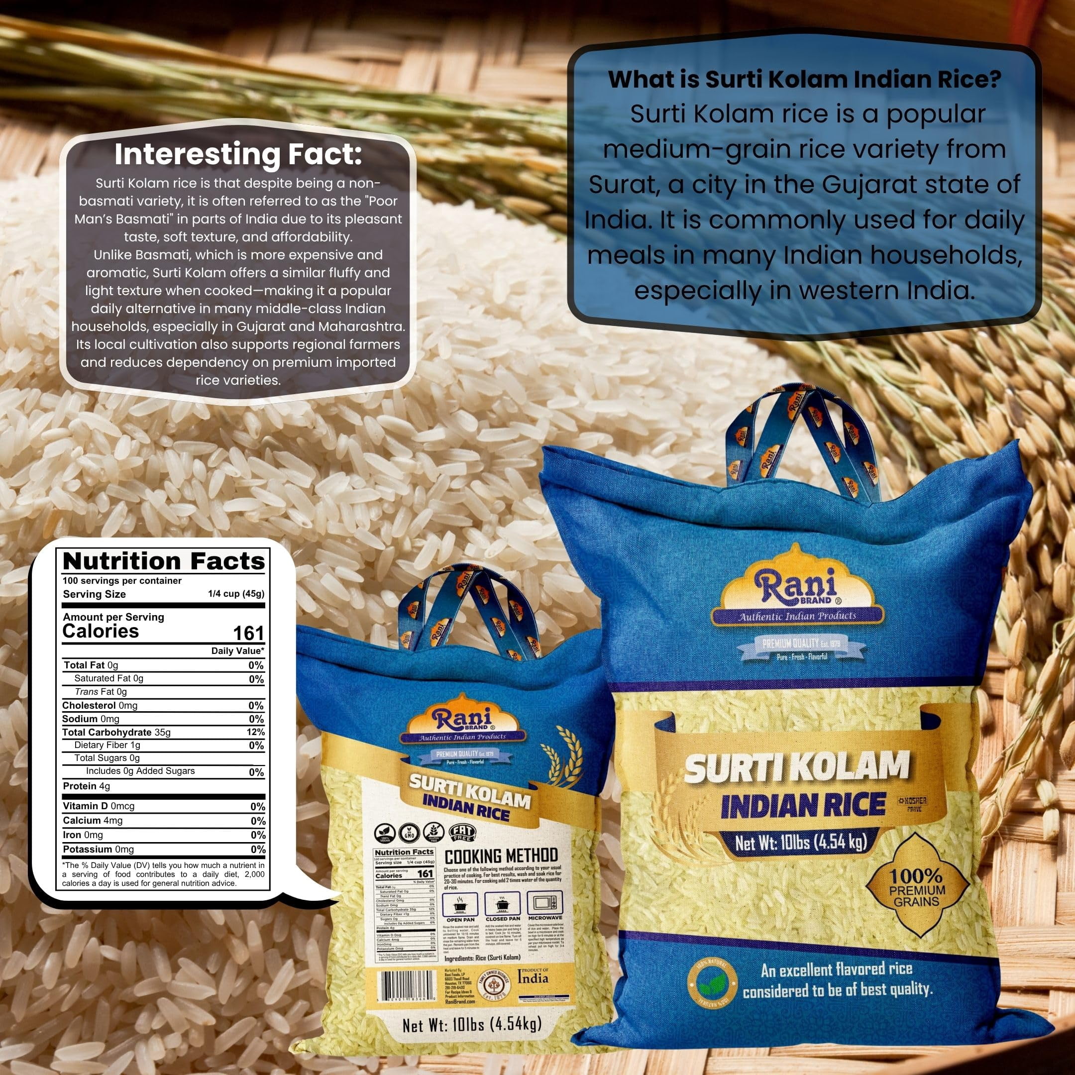 Rani Surti Kolam Indian Rice 160oz (10lbs) 4.54kg Cloth Bag ~ All Natural | Gluten Friendly | Vegan | Kosher | Export Quality | Indian Origin
