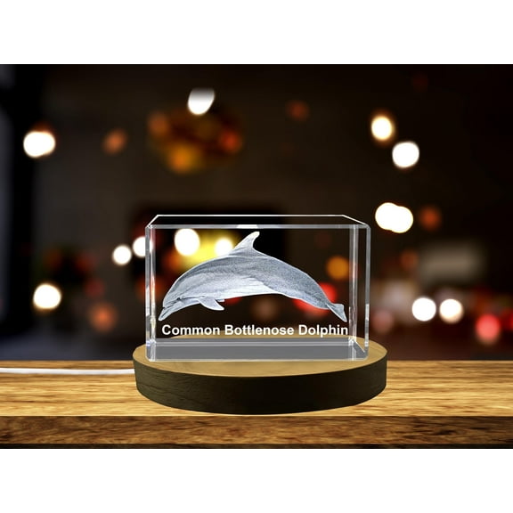Common Bottlenose Dolphin Crystal Engraving - Elegantly Carved Marine Mammal Decorative Sculpture
