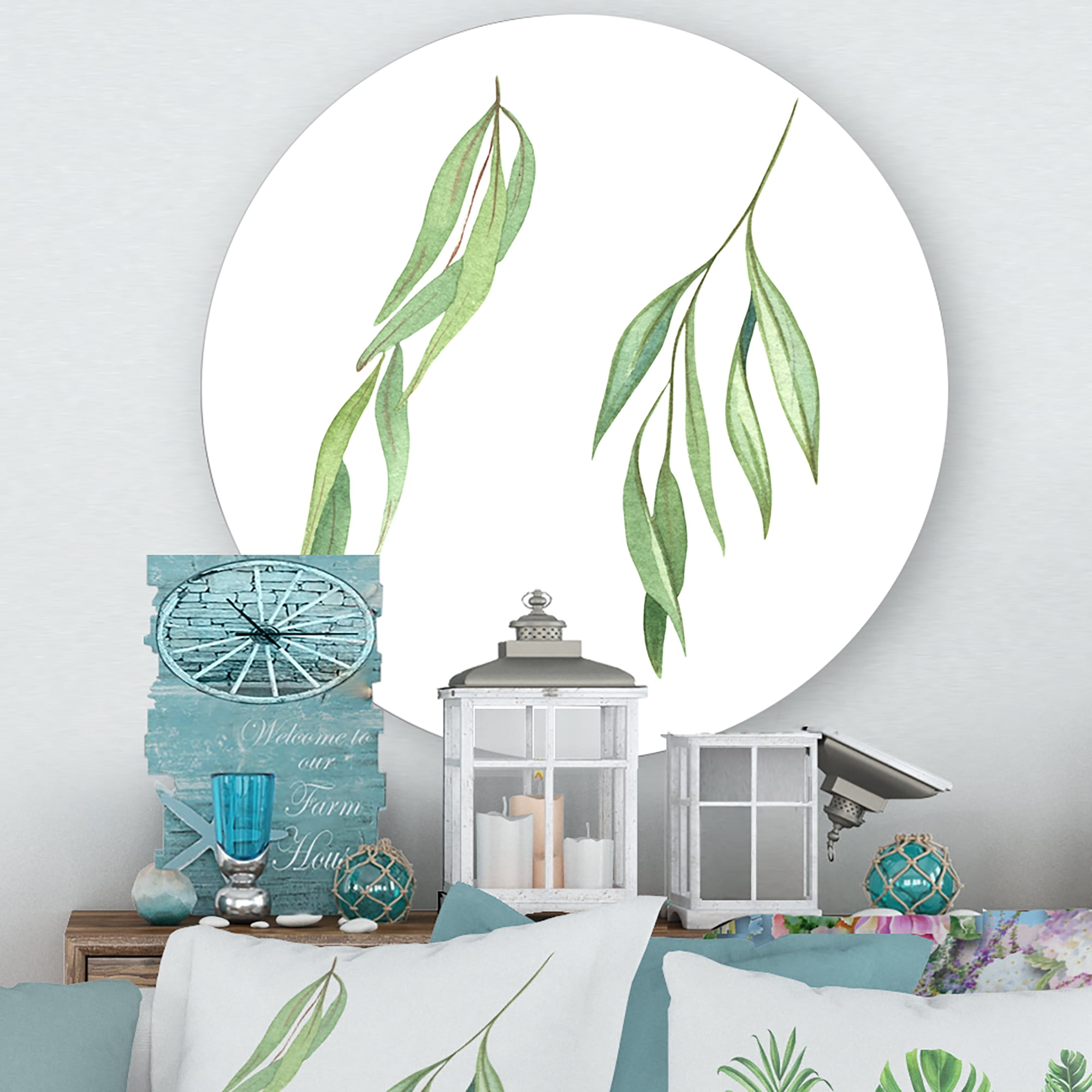Designart 'Two Willow Branches On White' Farmhouse Circle Metal Wall Art 11x11 - Disc of 11