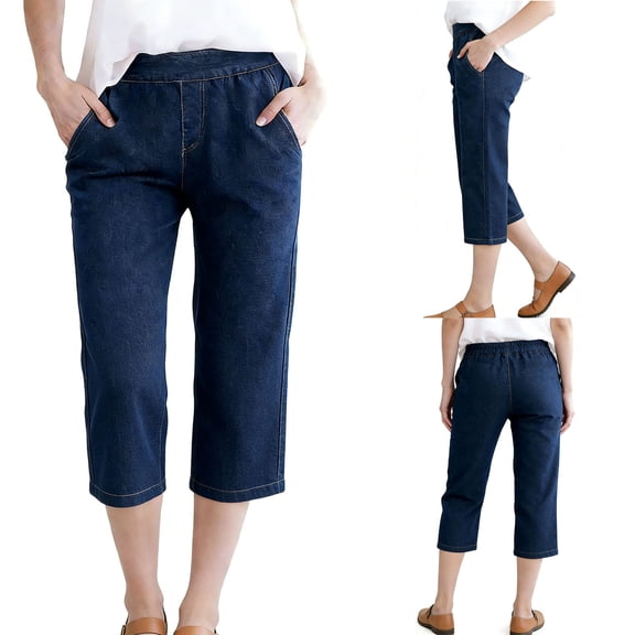 Maqroz Denim Capris for Women Stretch Pull on Plus Size Elastic High Waist Cropped Pants with Pockets Stretchy Summer Straight Leg Capri Jeans Casual Trousers Loose Fit Dark Blue XL