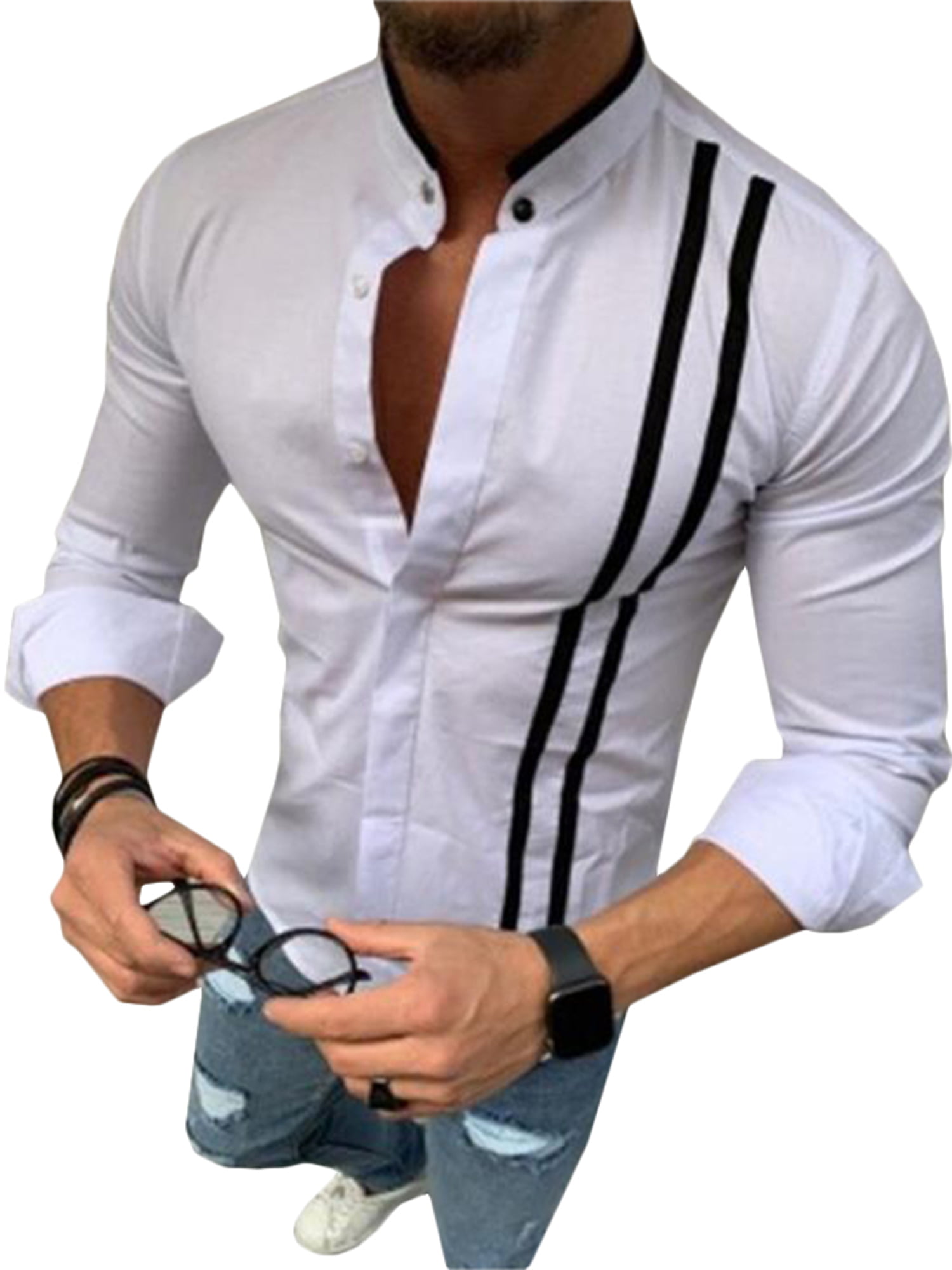 Men Long Sleeve Shirts Button Down Smart Plain Formal Collared Party Dress Shirt