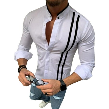 Men's Stripes Long Sleeve Tops Button Down Work Formal Slim Fit Office