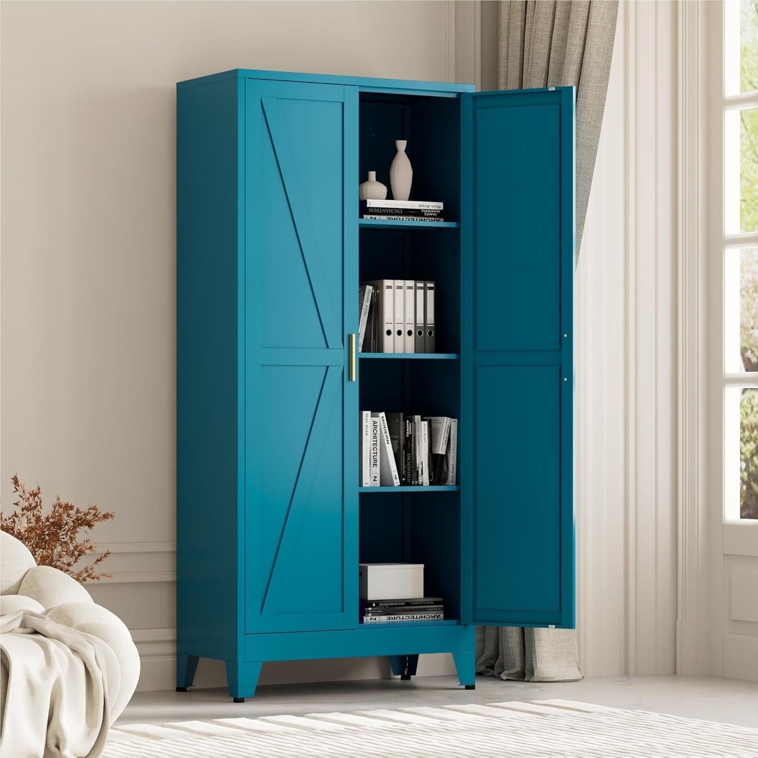 WDZS Large Metal Kitchen Pantry Cabinet with Adjustable Shelves - Freestanding Kitchen Storage Cabinet for Dining Room,Livingroom Bathroom, Hallway, Workshop, Office,Blue