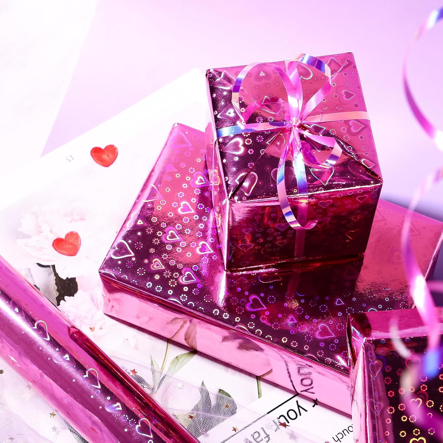 Pink Holographic Wrapping Paper Roll, Shiny Heart Pattern Metallic Foil for Valentines, Wedding, Anniversary, Birthday & Party Celebrations, Mini Roll 17 in x 32.8 ft