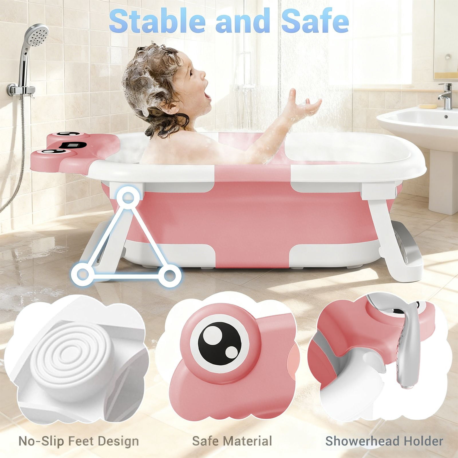 stusgo Collapsible Baby Bathtub, Plastic Frog Baby Bath Tub with Soft Cushion & Thermometer（Pink）