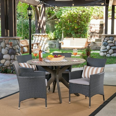 Noble House Cedros 5 Piece Wooden Round Patio Dining Set in Gray