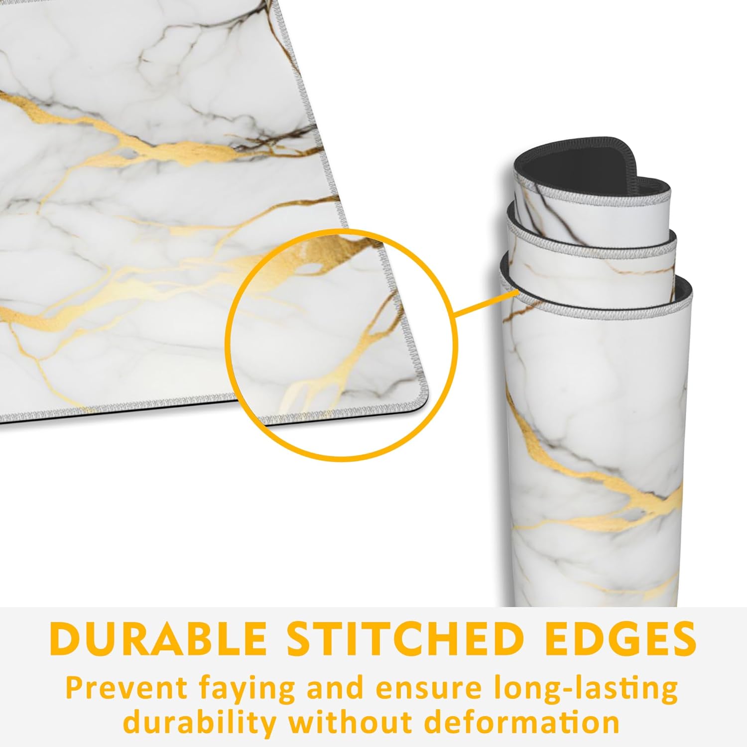 Desk Mat,Gold Line Marble Gaming Mouse Pad,31.5"X15.7" Large Desk Pad with Stitched Edge Non-Slip Base Keyboard Big Mouse Pad for Office Home Work Gaming-White