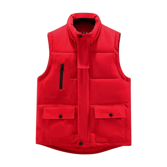 HOOMEUMY Mens Warm Cotton-Padded Vest Fashion 2025 Trendy Classic Solid Coat Stand Collar Jacket Loose Fit Design Casual Workout Sleeveless Clothes Red XXXXL