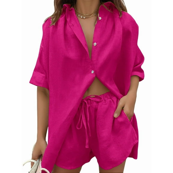 Women 2 Piece Outfit Summer Short Sleeve Top and Shorts Sweatsuit Set Rose Red S