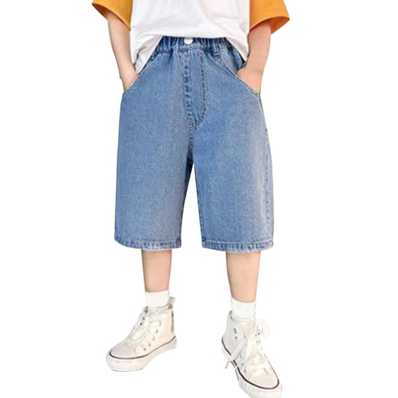 UACY Baggy Denim Jorts for Boys Y2K, Loose Fit Jean Shorts with Elastic Waist Retro Pull On for Casual Hip Hop Wear (Light Blue, 13-14 Years)
