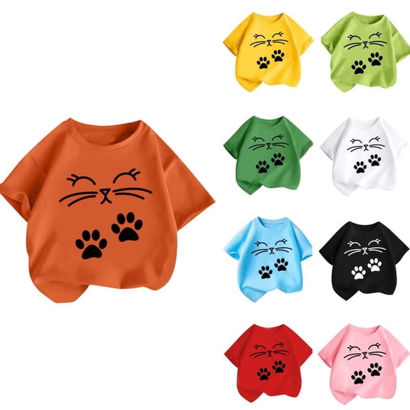 BXSRUTA Kids Short Sleeve Graphic T-Shirt with Cat Print Soft Breathable Casual Round Neck Tee for Boys Girls Ages 2-14