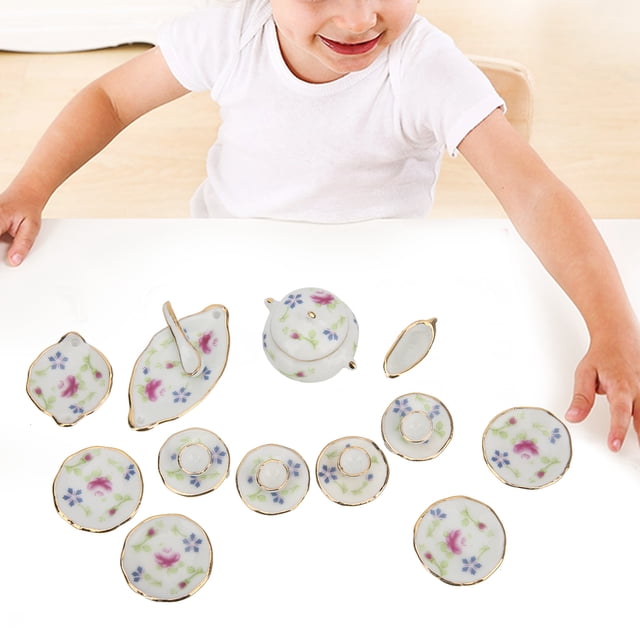 Keenso Mini Ceramic Tea Set,Miniature Tea Set,1:12 Miniature House Ceramic Floral Pattern Tea Set Simulation Kitchenware Model Toy