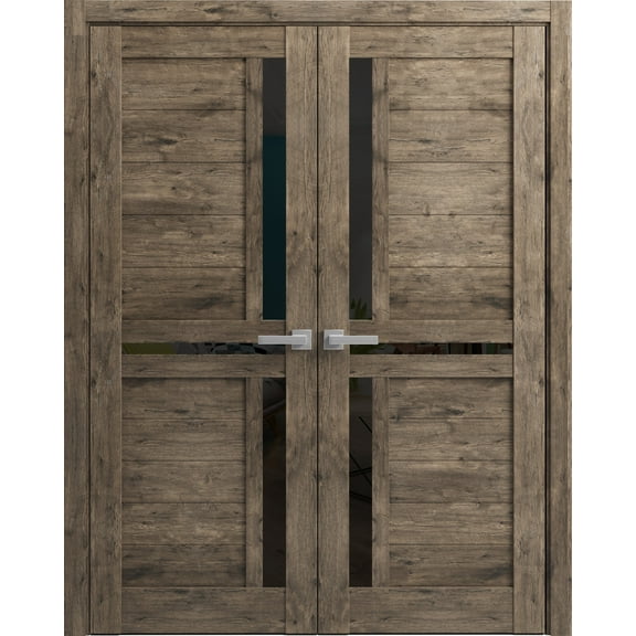 Solid French Double Doors 48 x 80 inches | Veregio 7588 Cognac Oak with Black Glass | Wood Solid Panel Frame Trims | Closet Bedroom Sturdy Doors