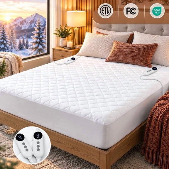 Vccoem Queen Heated Mattress Pad, Electric Mattress Pad with 9 Heat Settings & 4 Auto Off Timers, Fast Heating, Machine Washable, White