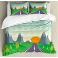 thumbnail image 1 of Landscape Duvet Cover Set King Size, Road Trip Concept with Calming Green Forest Mountains and Sunrise Horizon Scenery, Decorative 3 Piece Bedding Set with 2 Pillow Shams, Multicolor, by Ambesonne, 1 of 3