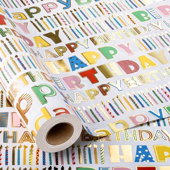 HOMERAL Foil Happy Birthday Wrapping Paper Roll - 17 In x 33 Ft - Luxury Shiny Colorful Happy Birthday Lettering Girl Festival Gift Wrap Paper for Party, Baby Shower, 1st Birthday Celebration