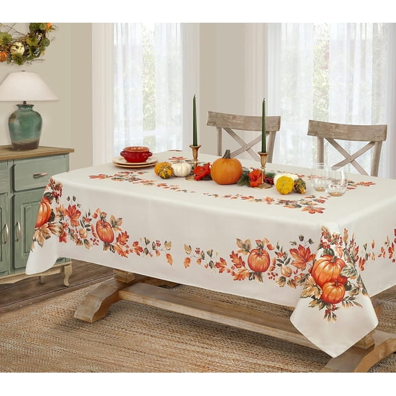 Thanksgiving Traditions Autumn Harvest Fabric Tablecloth, 52 x 52 Inch Square, Pumpkin Patch and Fall Leaves Border, Easy Care Thanksgiving Table Cover