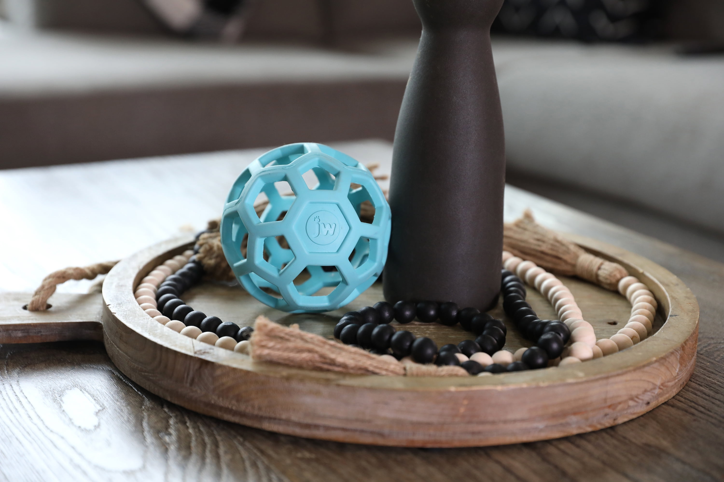 JW HOL-ee Roller™ Tug and Fetch Treat Dispenser Puzzle Ball Dog Toy, Natural Rubber, Medium 4.5" for Dogs 20 to 60 lb, Blue, Pack of 1