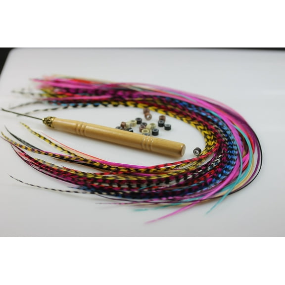 Sexy Sparkles Real Rooster Feathers Hair Extensions with Beads and Loop Tool Kit, Washable Long Rainbow Colors, 20 Feathers