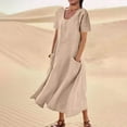 thumbnail image 2 of Summer Saving Wycnly Summer Dresses for Women Beach Casual Breathable Cotton Linen Swing Long Dresses with Pocket 2024 Short Sleeve V-Neck Solid Maxi Formal Dress Khaki l, 2 of 6