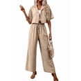 thumbnail image 2 of Women'S Casual 2 Piece Set V-Neck Short-Sleeved Tops Straight Wide Leg Pants Outfit Khaki S, 2 of 9