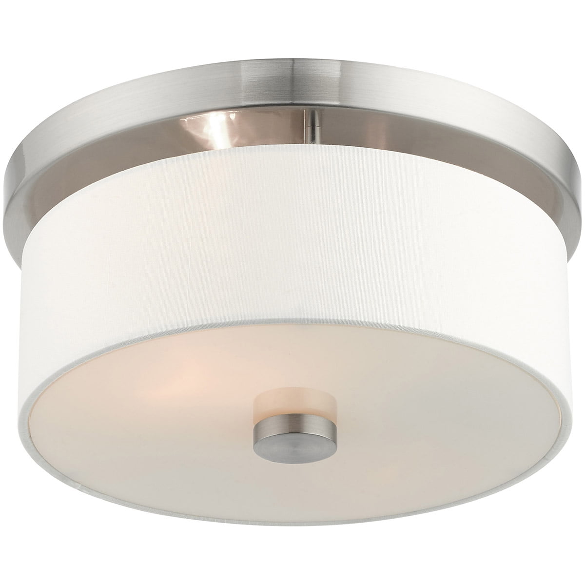 2 Light Brushed Nickel Ceiling Light fixture with Hand Crafted Off-White Fabric Hardback Shade