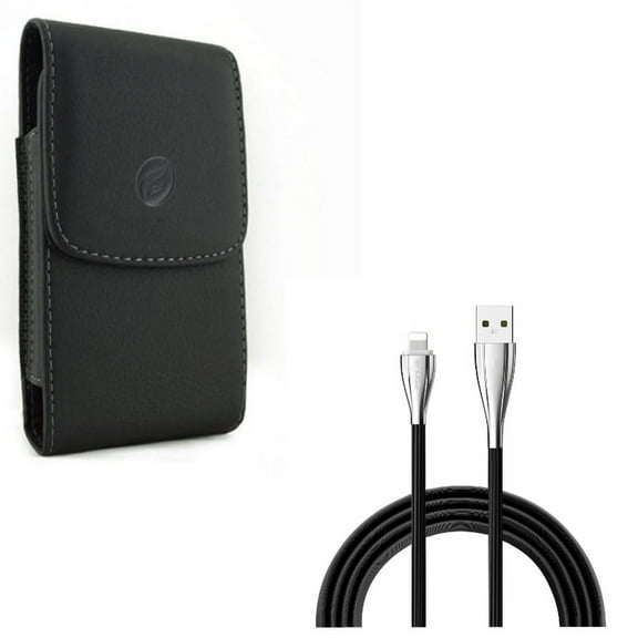 Black PU Leather Case Side Cover Protective Pouch w Durable USB Cable Sync Charger Power Cord 10ft Data Wire L9M Compatible With iPhone XS X 8 7 6S 6 11 Pro