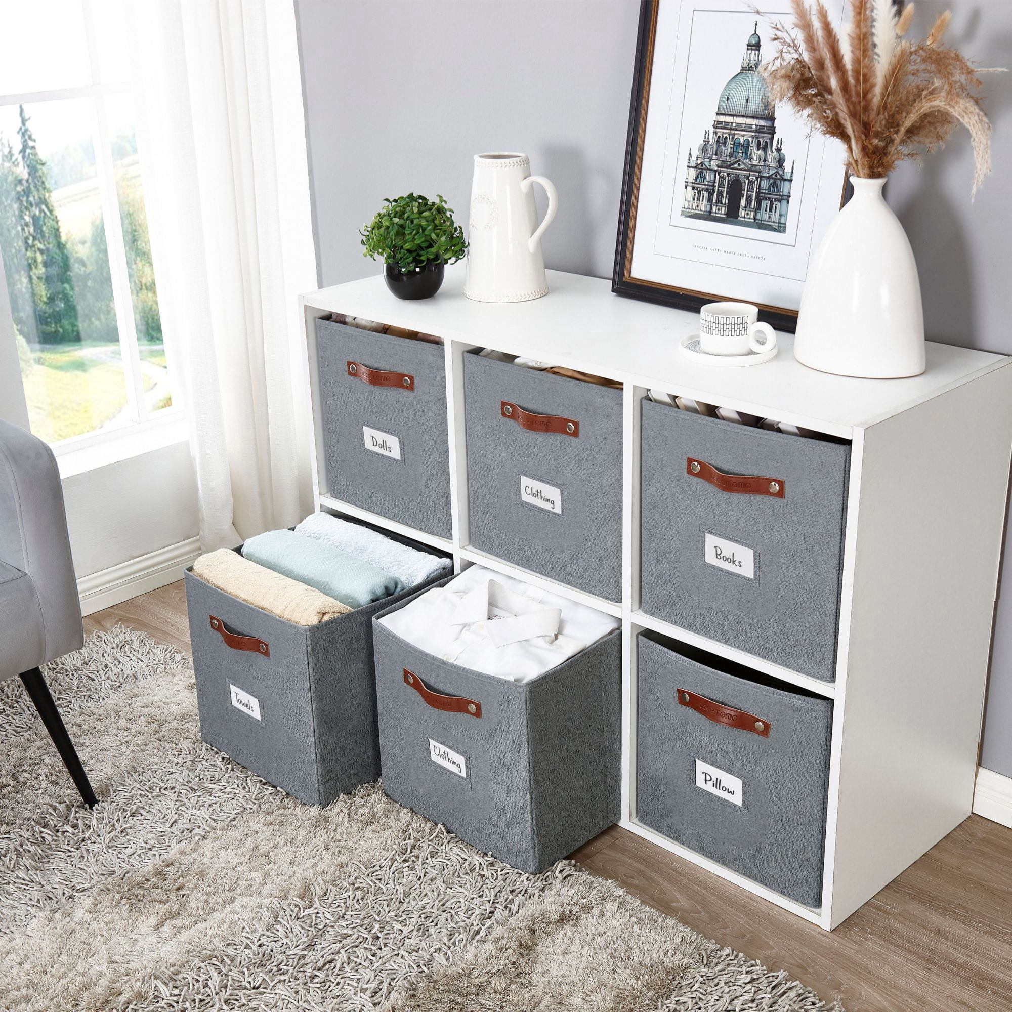 DECOMOMO Cube Storage Bin 13" x 15" x 13" | Cube Organizer Bin | Collapsible Storage Cube | Fabric Storage Cube | Set of 4, Texture Grey
