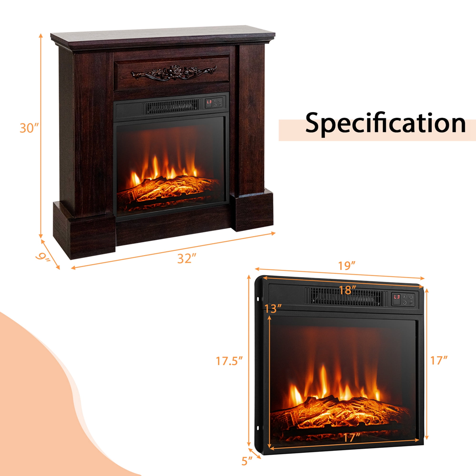 Costway 32" Electric Fireplace Mantel TV Stand Space Heater w/Remote Control 1400W Brown