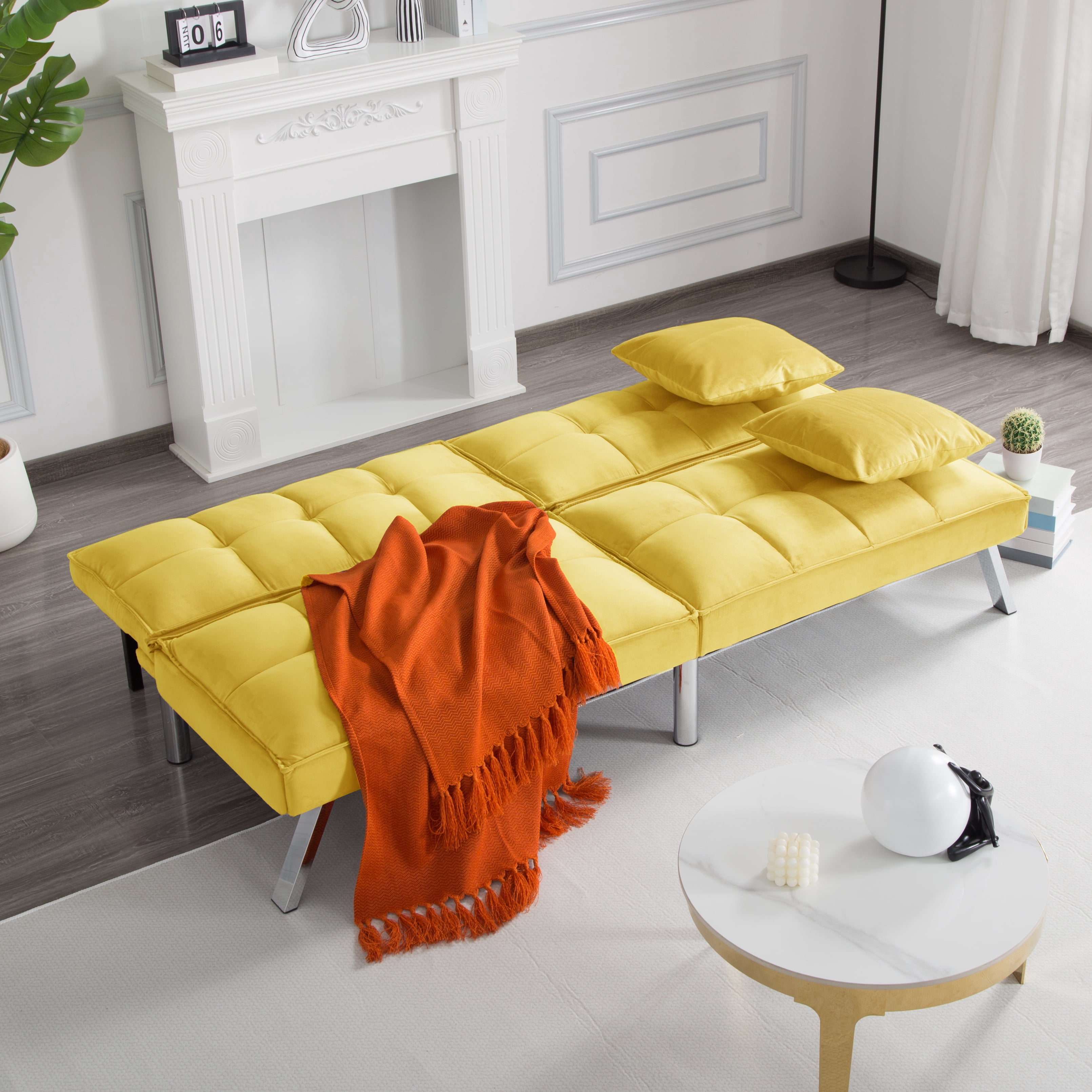 Gewnee 73”Velvet Futon Sofa Bed Convertible Sleeper Sofa with Split-Back 5 Adjustable Angles,Metal Legs & 2 Toss Pillows for Living Room,Office,Guest Room.Yellow