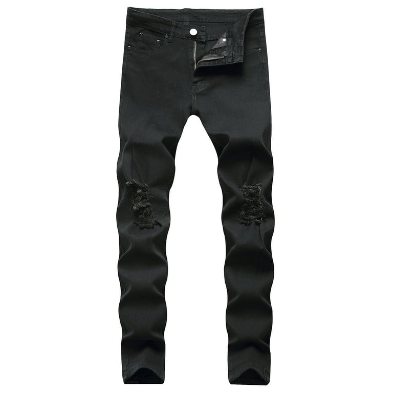 Motorcycle New Jeans- Tight-fitting Denim Ripped Black symoid Hip-hop Mens Trouser Straight Stretch L