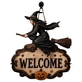 thumbnail image 2 of 2026 Halloween Party Supplies Halloween Witch Welcome Sign Wall Hanging Decor Vintage Flying Witch On Wooden Door Hanger With Pumpkin Star Halloween Front Door, 2 of 8
