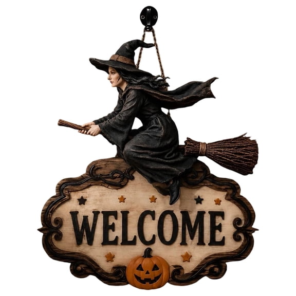 Halloween Witch Welcome Sign Decoration, Vintage Flying Witch Wooden Door Hanger with Pumpkin Star Design, Spooky Front Door Wall Decor for Porch Window Party Display, Fall Holiday Home Ornament