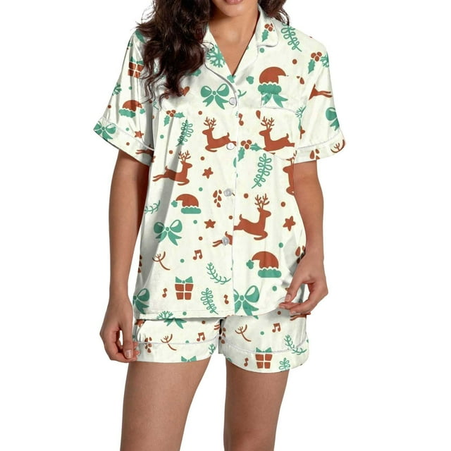 Pyjamas pour Femmes Imprimé Graphique Satin Mignon Vêtements de Nuit Boutons Manches Courtes Hauts Ensembles Shorts